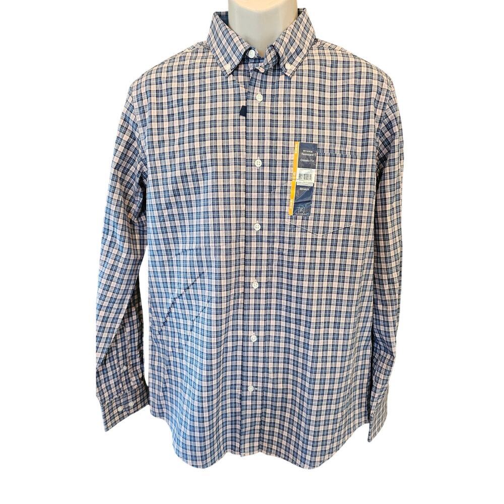 NWT classic fit wrinkle resistant long sleeve pink blue checkered button up M